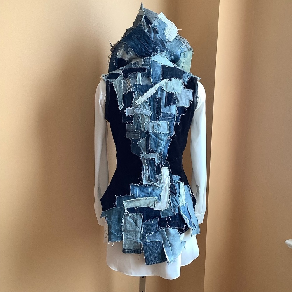 LOVEMATTERS Designer Black Corduroy & Patchwork Denim Hourglass Vest Size S - Picture 12 of 16